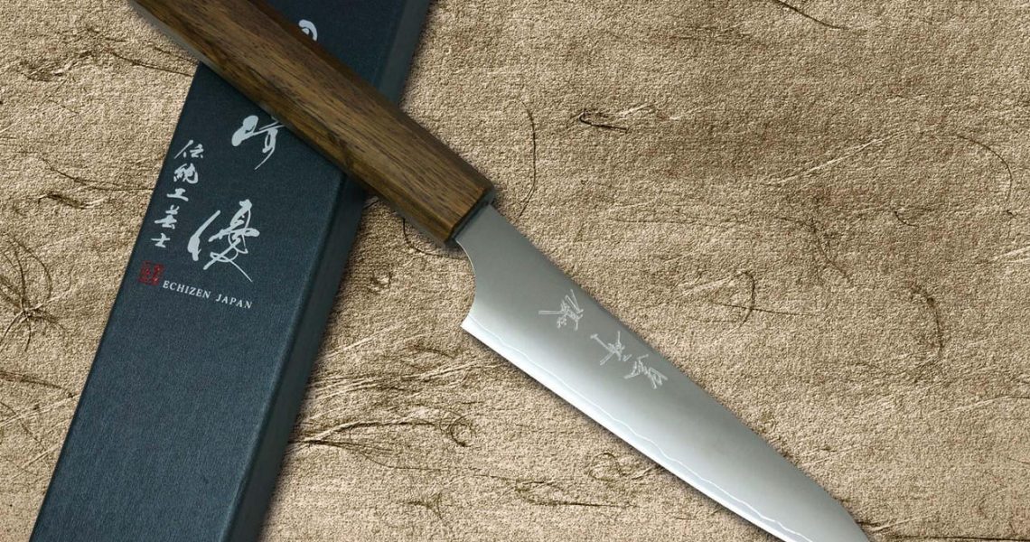 Yu Kurosaki HAP40 GEKKO WA OK8M Japanese Chef's Petty Knife (Utility) 130mm with Urushi Lacquered Oak Handle and Yu Kurosaki R2(SG2) Hammered SENKO-EI WA WN8W Japanese Chef's Petty Knife (Utility) 130mm with White-Ring Walnut Handle